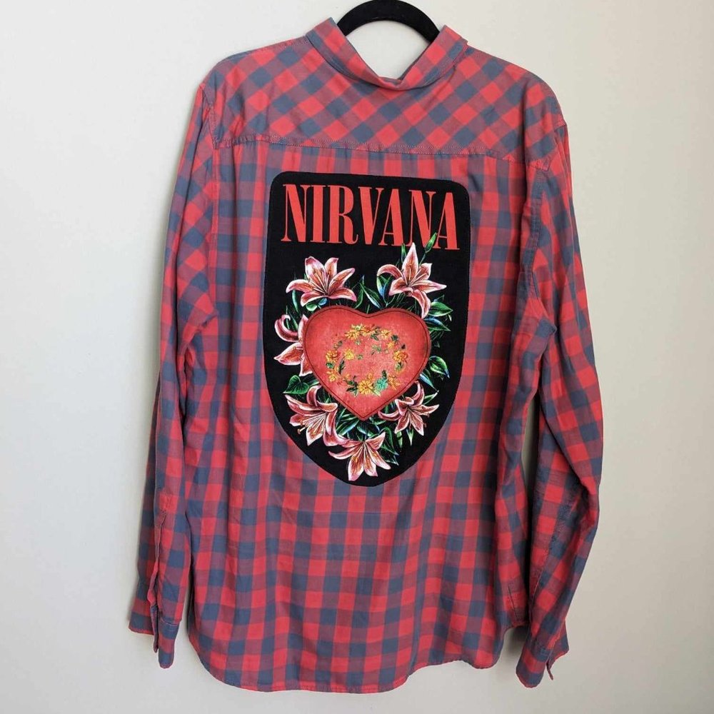 Nirvana Music Artist Band Custom Red Flannel Button Down Shirt Sz XL